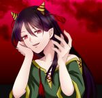 1girl black_hair green_eyes head_rest highres horns long_hair nippaku_zanmu off-shoulder_shirt off_shoulder oni_horns oni_tama parted_lips pointy_ears red_background red_eyes red_ribbon ribbon shirt short_sleeves solo tassel touhou upper_body very_long_hair 
