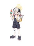  1girl absurdres aged_down ahoge backpack bag bandaid bandaid_on_arm bandaid_on_knee bandaid_on_leg black_footwear black_horns black_overalls black_shorts blue_archive collarbone commentary crocs demon_girl demon_horns drooling food food_art food_on_face full_body grey_hair hair_ornament hairclip halo highres horns ice_cream ice_cream_cone izumi_(blue_archive) long_hair low_twintails mouth_drool open_mouth overall_shorts overalls shirt short_sleeves shorts simple_background solo standing tachi-e tako-san_wiener teeth toombo12 twintails upper_teeth_only white_background white_shirt yellow_bag yellow_halo 