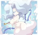  1girl blue_eyes blue_hair breasts enraenra_(youkai_watch) hair_over_one_eye large_breasts looking_at_viewer navel nipples nollety nude pussy smile smoking_pipe solo youkai_watch 