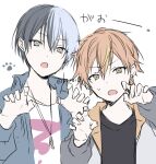  2boys aoyagi_touya black_hair black_shirt blonde_hair blue_jacket brown_hair claw_pose grey_eyes grey_hair grey_jacket hair_between_eyes hands_up jacket kuroi_(liar-player) long_sleeves male_focus multicolored_hair multiple_boys open_clothes open_jacket open_mouth project_sekai puffy_long_sleeves puffy_sleeves shirt simple_background sketch streaked_hair sweat tenma_tsukasa two-tone_hair upper_body v-shaped_eyebrows white_background white_shirt 