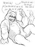 2023 anthro arena_of_valor balls bear belly blood bodily_fluids clothing colaoaoiacquy duo electronics erection eyewear genitals giant_panda hi_res hoodie humanoid_hands male mammal microphone moobs nipples nosebleed penis sunglasses text topwear translation_request zuka_(arena_of_valor)