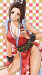  1girl arm_guards bare_shoulders breasts brown_eyes brown_hair cleavage commentary_request fatal_fury folding_fan hand_fan hand_on_own_thigh happy_new_year high_ponytail highres holding japanese_clothes large_breasts long_hair looking_at_viewer ninja pelvic_curtain ponytail revealing_clothes rope shiranui_mai simple_background smile solo the_king_of_fighters thighs x_chitch 