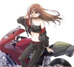  1girl adjusting_hair bare_shoulders belt black_choker black_jacket black_pants breasts brown_hair choker cleavage closed_mouth collarbone crop_top floating_hair heaven_burns_red jacket katase_nano long_hair motor_vehicle motorcycle official_alternate_costume pants red_belt red_eyes small_breasts solo upper_body vehicle_request white_background yanagi_mion 