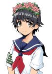  1girl armband bangs black_hair brown_eyes closed_mouth commentary eyebrows_visible_through_hair flower head_wreath looking_at_viewer nakasone_haiji neckerchief red_neckwear sakugawa_school_uniform school_uniform serafuku shirt short_hair short_sleeves simple_background smile solo to_aru_kagaku_no_railgun to_aru_majutsu_no_index uiharu_kazari upper_body white_background white_shirt 