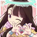  1girl absurdres asymmetrical_bangs blunt_bangs brown_hair commentary_request frills halo heart heart_hands highres long_hair one_eye_closed original pink_nails portrait purple_eyes smile solo translation_request wings wrist_cuffs yano_keito 