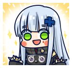  1girl :d black_jacket blunt_bangs blush_stickers chibi chinese_commentary commentary_request cross cross_hair_ornament girls&#039;_frontline green_eyes grey_hair hair_ornament hands_up highres hk416_(girls&#039;_frontline) iron_cross jacket long_hair looking_at_viewer official_art simple_background smile solo sparkle spiked_knuckles su_xiao_jei teardrop_facial_mark upper_body very_long_hair yellow_background 