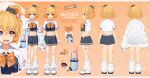  1girl animal_ears baggy_socks bandaid bandaid_on_leg bottle character_name eimi_isami hamster_ears hamster_girl id_card lab_coat looking_at_viewer lucidsky multiple_views navel official_art orange_background orange_hair orange_ribbon phase_connect pink_eyes reference_sheet ribbon safety_pin school_uniform second-party_source short_hair virtual_youtuber water_bottle white_footwear 