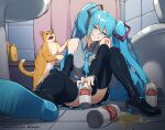  1girl absurdres alcohol allen_skies aqua_hair aqua_nails artist_name bathroom beer beer_can boots can cat detached_sleeves drink_can english_commentary fingernails hatsune_miku highres holding holding_can long_hair necktie number_tattoo on_floor patreon_username shampoo_bottle shower_curtain sink sitting spill spilling stella_artois tattoo teeth thigh_boots toilet twintails twitter_username very_long_hair vocaloid 