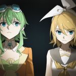  2girls black_background blonde_hair blue-tinted_eyewear blue_eyes bow bow_hairband breasts brooch cleavage collarbone commentary detached_collar english_commentary goggles goggles_on_head green_hair green_tube_top grey_sailor_collar gumi gumi_(ai_megpoid) hair_bow hairband highres jacket jewelry kagamine_rin light_frown medium_hair multiple_girls neckerchief orange_jacket sailor_collar school_uniform shirt short_hair sidelocks simple_background sleeveless sleeveless_shirt strapless synthesizer_v tinted_eyewear tube_top upper_body vocaloid white_bow white_shirt wounds404 yellow_neckerchief 