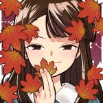  1girl absurdres asymmetrical_bangs autumn_leaves brown_eyes brown_hair commentary_request highres holding holding_leaf leaf long_hair original portrait solo yano_keito 