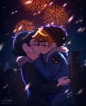  2boys aerial_fireworks beanie black_hair blush brown_hair closed_eyes coat couple dated fireworks hat highres male_focus multiple_boys new_year nifast_(greentail) official_style scott_pilgrim scott_pilgrim_(series) scott_pilgrim_takes_off short_hair snowing thick_eyebrows upper_body wallace_wells yaoi 