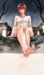  1girl bare_arms bare_legs bare_shoulders barefoot bathing breasts chainsaw_man easonx feet full_body highres legs makima_(chainsaw_man) naked_towel onsen red_hair ringed_eyes rock short_hair sitting snow snowing soaking_feet soles toes towel water yellow_eyes 