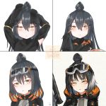  1girl black_hair caws_(girls_frontline) commentary_request disguise girls_frontline goggles goggles_on_head highres knot korean_commentary makeup makeup_brush nyto_nimogen_(girls_frontline) obsi paradeus solo yellow_eyes 