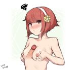  1girl artist_name blush breast_conscious breasts completely_nude disembodied_penis embarrassed english_commentary erection fire_emblem fire_emblem_fates flower_hairband furrowed_brow hairband hands_on_own_breasts highres lewdishsnail naizuri nude paizuri penis pink_eyes pink_hair sakura_(fire_emblem) short_hair signature small_breasts straight_hair swept_bangs upper_body white_hairband 