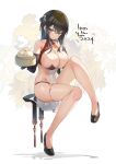  1girl 2024 baozi black_gloves black_hair black_panties breasts brown_eyes elbow_gloves emily_(pure_dream) food gloves happy_new_year highres large_breasts long_hair looking_at_viewer original panties pelvic_curtain revealing_clothes sitting solo thighlet underwear 