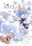  1boy 2023 animal_ears black_bow black_bowtie blue_eyes blue_hair bow bowtie brown_footwear commentary_request extra_ears hands_up japanese_clothes kaito_(vocaloid) kimono knees_up long_sleeves looking_at_viewer male_focus open_mouth rabbit rabbit_ears rabbit_pose short_hair simple_background smile solo vocaloid white_background white_kimono white_sleeves yoshiki 
