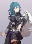  1girl armor asao_(vc) belt belt_buckle black_skirt blue_eyes blue_hair buckle byleth_(fire_emblem) byleth_(fire_emblem)_(female) cape closed_mouth commentary_request dagger fire_emblem fire_emblem:_three_houses grey_background highres long_hair long_sleeves midriff miniskirt navel navel_cutout sheath sheathed simple_background skirt smile solo thighhighs weapon 