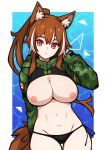  1girl :o absurdres animal_ear_fluff animal_ears arm_up armband bacon_strips bikini black_bikini breasts brown_eyes brown_hair camouflage canadian_flag commission crop_top digital_camouflage dog_ears highres nipples original swimsuit 