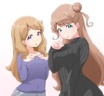  2girls :o black_sweater breasts brown_hair double_bun fudou_devi gradient_background green_eyes hair_bun hands_on_own_chest kanamori_maria kiratto_pri_chan long_hair long_sleeves looking_at_viewer medium_breasts multiple_girls pink_background pretty_series purple_eyes purple_shirt shirt sweater turtleneck turtleneck_sweater white_background yonekura_hisaki 