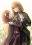  2girls blonde_hair braid brown_hair cape duel_monster exosister_elis exosister_stella eye_contact flower green_eyes hair_ornament height_difference highres holding_hands interlocked_fingers jewelry light_blush lily_(flower) long_hair looking_at_another medium_hair military_uniform multiple_girls necklace open_mouth rizuriri simple_background skirt smile socks star_(symbol) star_hair_ornament uniform yu-gi-oh! yuri 