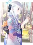  1girl alternate_costume blue_archive blue_halo blush braid closed_mouth day eko ema floral_print from_side grey_hair halo highres japanese_clothes kimono long_hair long_sleeves miyako_(blue_archive) obi outdoors print_kimono profile purple_eyes purple_kimono sash solo wide_sleeves 