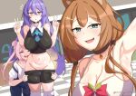  3girls airani_iofifteen airani_iofifteen_(1st_costume) animal_ears area_15 armpits ayunda_risu ayunda_risu_(1st_costume) breasts brown_hair cleavage clothes_pull green_eyes hololive hololive_indonesia impossible_clothes large_breasts looking_at_viewer moona_hoshinova moona_hoshinova_(1st_costume) multiple_girls myumi navel overalls pants pants_pull pubic_hair purple_eyes purple_hair selfie short_shorts shorts smile sports_bra squirrel_ears squirrel_girl virtual_youtuber 