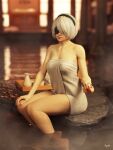  1girl 2b_(nier:automata) 3d barefoot black_blindfold black_hairband blindfold blurry depth_of_field hairband highres iryda naked_towel nier:automata nier_(series) onsen sitting solo towel 