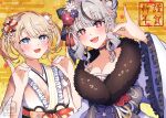  1girl black_hair black_kimono blonde_hair blue_eyes breasts chest_sarashi cleavage flower fox_shadow_puppet fur-trimmed_kimono fur_trim grey_hair hair_bun hair_flower hair_ornament hololive japanese_clothes kazama_iroha kazama_iroha_(new_year) kimono looking_at_viewer medium_hair multicolored_hair nail_polish official_alternate_costume open_mouth orange_kimono red_eyes red_nails sakamata_chloe sakamata_chloe_(new_year) sarashi satsuki_(pixiv_742410) short_hair short_twintails smile streaked_hair teeth twintails upper_teeth_only virtual_youtuber yagasuri 