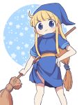 1girl :t blonde_hair blue_eyes blue_headwear broom dokan_(dkn) hand_on_own_hip hat holding holding_broom jaggy_lines long_hair low-tied_long_hair madou_monogatari outline pout puyopuyo short_sleeves sidelocks solo standing tied_dress white_background white_outline witch witch_(puyopuyo) 