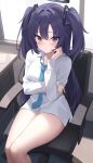  1girl absurdres blue_archive blue_necktie blush closed_mouth collared_shirt halo highres indoors long_hair long_sleeves looking_at_viewer mechanical_halo necktie no_pants purple_eyes purple_hair shirt sitting solo swivel_chair two_side_up white_shirt yuuka_(blue_archive) zeatto 