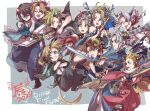  1girl 2024 6+boys arm_around_shoulder bartz_klauser blonde_hair blue_eyes brown_eyes brown_hair cecil_harvey chinese_zodiac closed_mouth cloud_strife commentary_request dissidia_final_fantasy dragon dragon_horns final_fantasy final_fantasy_i final_fantasy_ii final_fantasy_iii final_fantasy_iv final_fantasy_ix final_fantasy_v final_fantasy_vi final_fantasy_vii final_fantasy_viii final_fantasy_x firion green_eyes grey_hair grin hakama hakama_pants high_ponytail holding holding_sword holding_weapon horns japanese_clothes kimono long_hair looking_to_the_side monkey_tail multiple_boys new_year onion_knight open_mouth oshibainoticket pants parted_bangs parted_lips purple_eyes scarf short_hair smile squall_leonhart sword tail terra_branford tidus tunic warrior_of_light_(ff1) weapon white_scarf year_of_the_dragon yellow_eyes zidane_tribal 
