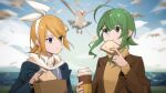  2girls ahoge bag bird blonde_hair blue_eyes blue_jacket blue_shirt blurry blurry_background bow bow_hairband bread bread_slice brown_jacket cup disposable_cup drawstring eating food full_mouth green_hair gumi hair_bow hairband highres holding holding_cup holding_food hood hoodie jacket kagamine_rin multiple_girls ocean orange_sweater outdoors paper_bag ribbed_sleeves seagull shirt short_hair sidelocks sky sweat sweater toast turtleneck turtleneck_sweater upper_body vocaloid white_bow white_hood wounds404 