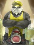 2023 anthro apron bear black_body black_fur chef_hat clothing colaoaoiacquy eyes_closed food fur genitals giant_panda hat headgear headwear hi_res kemono male mammal moobs musclegut nipples overweight overweight_male penis solo sushi white_body white_fur