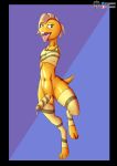  anthro balls bodily_fluids brown_eyes clothing cock_sock fours_(artist) genital_fluids genitals hi_res legwear lizard male monster monster_kid penis penis_clothing piercing precum reptile scalie shirt socks solo stockings tank_top topwear undertale video_games yellow_body yellow_skin 