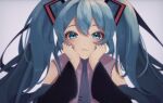  1girl black_sleeves blue_eyes blue_hair blue_necktie commentary detached_sleeves hands_on_own_cheeks hands_on_own_face hatsune_miku highres long_hair looking_at_viewer natsuno_meme necktie solo twintails vocaloid wide_sleeves 