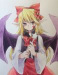  1girl bat_wings black_vest blonde_hair closed_mouth commentary_request cowboy_shot elis_(touhou) facial_mark flat_chest flower hair_flower hair_ornament hair_ribbon highres holding holding_wand kaigen_1025 long_hair long_sleeves looking_at_viewer neck_ribbon open_clothes open_vest painting_(medium) pointy_ears purple_wings red_flower red_ribbon red_skirt ribbon shirt simple_background skirt smile solo star_(symbol) star_facial_mark star_wand touhou touhou_(pc-98) traditional_media vest wand watercolor_(medium) white_background white_shirt wide_sleeves wings yellow_eyes 