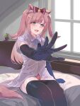  1girl agnes_digital_(umamusume) animal_ears bed black_gloves black_pantyhose blue_eyes collared_shirt commentary_request doushi_tatsu_to_dekkai_no elbow_gloves gloves highres horse_ears horse_girl horse_tail indoors long_hair on_bed outstretched_hand panties pantyhose pink_panties shirt short_sleeves smile solo sweat tail two_side_up umamusume underwear white_shirt window 