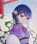  1girl black_choker blue_hair choker flower hair_flower hair_ornament highres japanese_clothes kimono komeshisu4545 koshimizu_toru mole mole_under_eye nijisanji purple_eyes purple_kimono short_hair smile solo torii virtual_youtuber white_flower 