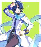  1boy black_pants black_shirt blue_hair blue_scarf border coat commentary_request cowboy_shot green_background grin hand_on_own_hip hand_up head_tilt kaito_(vocaloid) looking_at_viewer pants partially_unzipped scarf see-through see-through_scarf shirt short_hair simple_background smile v vocaloid white_coat yoshiki 