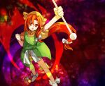  1girl absurdres arm_up bow commentary_request flat_chest full_body green_vest hair_bow hand_up hat highres kaigen_1025 no_shoes open_mouth orange_(touhou) orange_eyes orange_hair puffy_short_sleeves puffy_sleeves shirt short_sleeves shorts socks solo touhou touhou_(pc-98) v-shaped_eyebrows vest white_bow white_socks yellow_headwear yellow_shirt yellow_shorts 