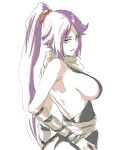  1girl armpits backless_dress backless_outfit bare_shoulders black_dress bleach breasts dark-skinned_female dark_skin dress hair_ornament highres large_breasts long_hair looking_at_viewer looking_back mitsugu ponytail purple_hair scarf shihouin_yoruichi sideboob simple_background sketch solo white_background white_scarf yellow_eyes 