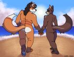 anthro beach butt canid canine cxeroannuki detailed_background domestic_cat duo eyes_closed felid feline felis fox hand_holding hi_res hybrid male male/male mammal nude outside pawpads procyonid raccoon rear_view romantic romantic_couple seaside size_difference smile