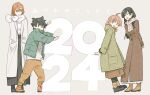  1boy 2024 3girls ^_^ closed_eyes coat grey_background hand_in_pocket hand_on_back happy_new_year himesaki_kasane kamisama_ga_machigaeru koito_yuu multiple_girls nakatani_nio nanami_touko scarf smile wataya_kon yagate_kimi_ni_naru 