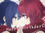  2girls artist_name assault_lily bare_shoulders blue_eyes blue_hair blunt_bangs closed_mouth commentary cross cross_earrings earrings eye_contact face-to-face from_side gradient_background grey_background hair_between_eyes hand_up happy_birthday high_ponytail highres holding_hands hotaru_(ultraroly_poly) ishikawa_aoi jewelry kaede_johan_nouvel light_blush long_hair looking_at_another multiple_girls pink_eyes portrait profile red_hair red_scarf scarf shared_clothes shared_scarf shirt side_ponytail sleeveless sleeveless_shirt smile steepled_fingers white_background white_shirt yuri 