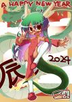  1girl 2024 ahoge bare_shoulders blush breasts brown_eyes china_dress chinese_clothes chinese_zodiac commentary_request dark-skinned_female dark_skin detached_sleeves dragon dragon_girl dragon_horns dragon_tail dress eastern_dragon fangs full_body glasses green_hair happy_new_year highres horns ikkyuu multicolored_hair open_mouth original pelvic_curtain purple_hair red_dress small_breasts smile solo standing standing_on_one_leg tail thighhighs two-tone_hair white_thighhighs year_of_the_dragon 