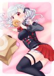  1girl asymmetrical_legwear bag black_jacket black_legwear black_ribbon black_sleeves blush braid breasts commentary_request detached_sleeves doughnut eating feet_out_of_frame food girls_frontline hair_ribbon haradaiko_(arata_himeko) highres holding holding_food jacket long_hair long_sleeves lying medium_breasts on_side paper_bag pleated_skirt puffy_long_sleeves puffy_sleeves red_eyes red_skirt ribbon silver_hair skindentation skirt sleeveless sleeveless_jacket solo spas-12_(girls_frontline) thigh_strap thighhighs 