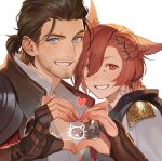  2boys :d adventurer_(ff14) animal_ears beard_stubble black_jacket blue_eyes brown_gloves brown_hair cat_ears commentary facial_mark ffxivys final_fantasy final_fantasy_xiv fingerless_gloves from_side g&#039;raha_tia gloves grin hair_between_eyes hair_ornament hair_pulled_back hand_up happy heads_together heart heart_hands highres hyur jacket looking_at_viewer male_focus miqo&#039;te multiple_boys neck_tattoo portrait red_eyes red_hair scar scar_across_eye shirt short_hair simple_background smile swept_bangs symbol-only_commentary tattoo warrior_of_light_(ff14) white_background white_shirt x_hair_ornament 