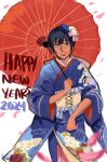  1girl 2024 black_hair blue_kimono commentary earrings english_commentary floral_print holding holding_umbrella japanese_clothes jewelry junniiart kimono looking_at_viewer meryl_stryfe new_year parted_lips print_kimono short_hair smile solo trigun umbrella 