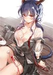  1girl arknights bangs black_skirt black_vest blue_hair blush breasts bucket ch&#039;en_(arknights) cleavage clouble collarbone commentary covered_nipples cup dragon_horns dragon_tail drinking_glass hair_between_eyes highres horns long_hair long_sleeves looking_at_viewer medium_breasts red_eyes shirt sitting skirt solo tail v-shaped_eyebrows vest water wet wet_clothes wet_shirt white_shirt wrist_cuffs 