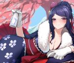  1girl absurdres blue_kimono blush bottle breasts cleavage closed_mouth collarbone cup floral_print_kimono fur-trimmed_kimono fur_trim gloves highres holding holding_bottle holding_cup japanese_clothes jill_stingray kimono long_hair long_sleeves looking_at_viewer lying on_side purple_eyes purple_hair sakazuki sake_bottle smile solo sweat va-11_hall-a white_gloves yanagui 